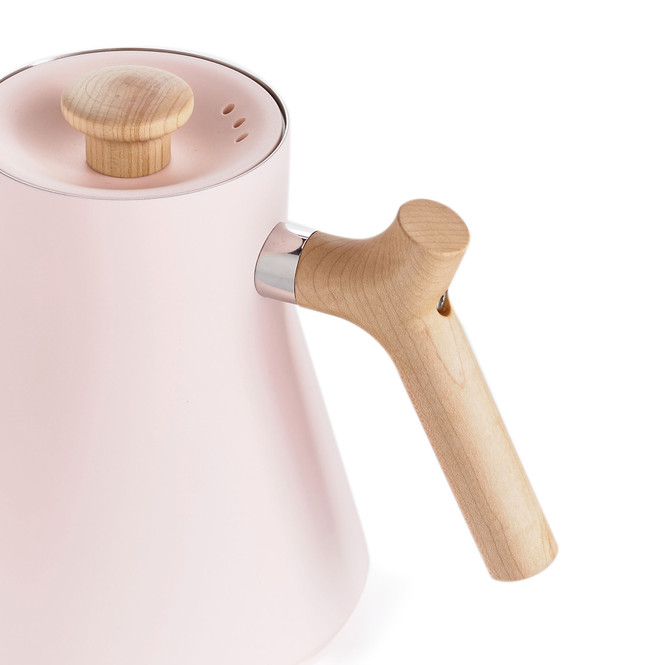 The maple lid and handle on a warm pink Stagg EKG Electric Variable Temperature Pouring Kettle