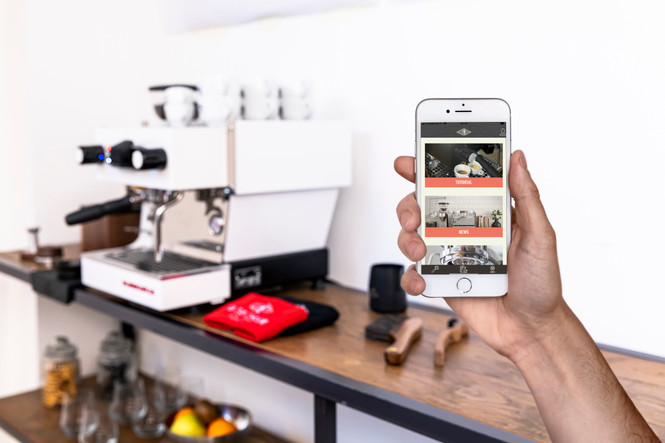 Example of La Marzocco Home app with espresso cart in the background
