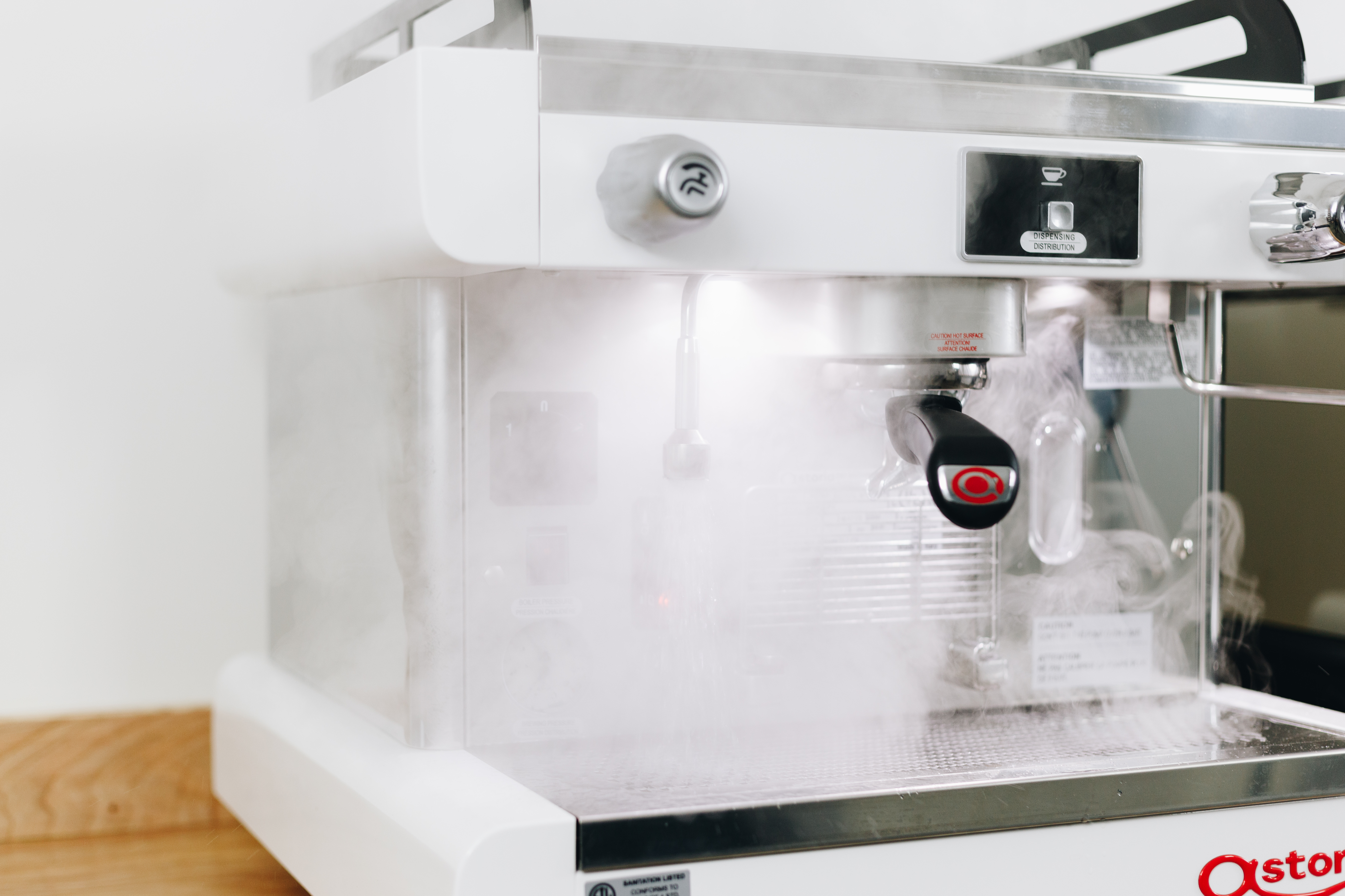 Steam wand and water dispenser in use
