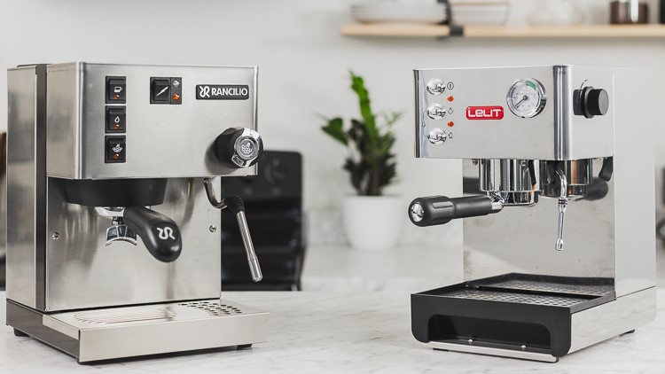 Lelit Anna and Rancilio Silvia espresso machines on a counter