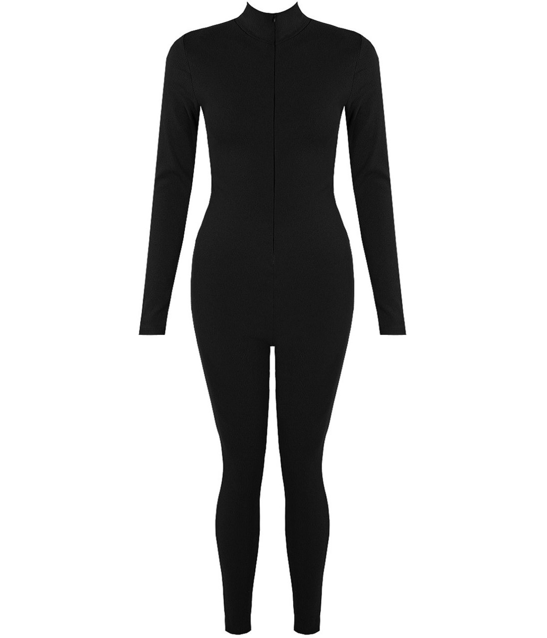 All In One Ribbed Zip Up Unitard Jumpsuit Black - Fuchia