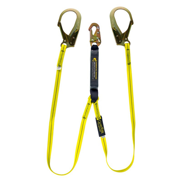 6' External Energy Absorbing Lanyard, Dual Leg, Lime Green with 2" Rebar Hook