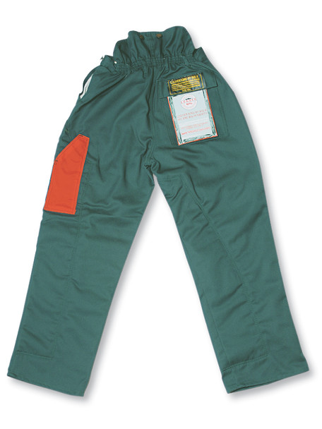 Featuring 2 deep front pockets, 1 rear pocket with flap, rule pocket on left, brass suspender buttons on outside, high back with elastic keeps out woodchips, stress points bar-tacked, 36 long waist to ankle 4-ply KEVLAR® protective pads  180º front seam-to-seam protection and 4 on the left side of both legs. Meets WCB Standard of BC PPE1-97 4100 threshold chain speed.