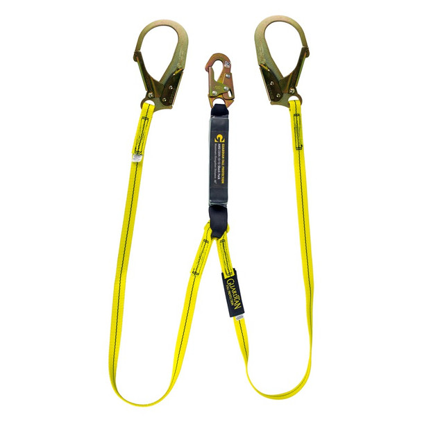 6' External Energy Absorbing Lanyard, Dual Leg, Lime Green with Steel Snap 2.5" Rebar Hook