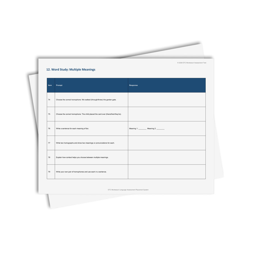 Montessori Language Placement Test Level 6-12 - Digital Printable