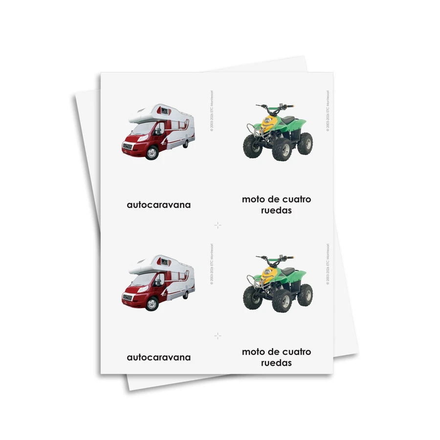Tarjetas de tres partes de medios de transporte - material digital imprimible