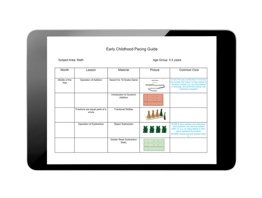 Early Childhood Montessori Pacing Guide Aligned to CCSS