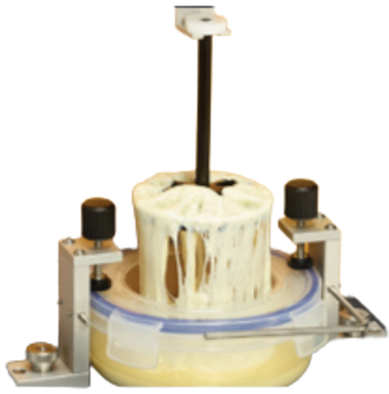 Cheese Extensibility Fixture measures the extensibility of molten cheese sample to breaking point.