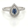 Montana Yogo Sapphire Pear & Diamond Double Halo Ring 14K White Gold