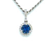 Montana Yogo Sapphire & Diamond Round Halo Pendant Necklace 18K White Gold