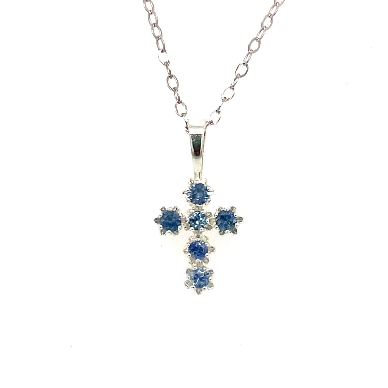22 - Montana Sapphire 6 Stone 2.25mm Cross Necklace Pendant