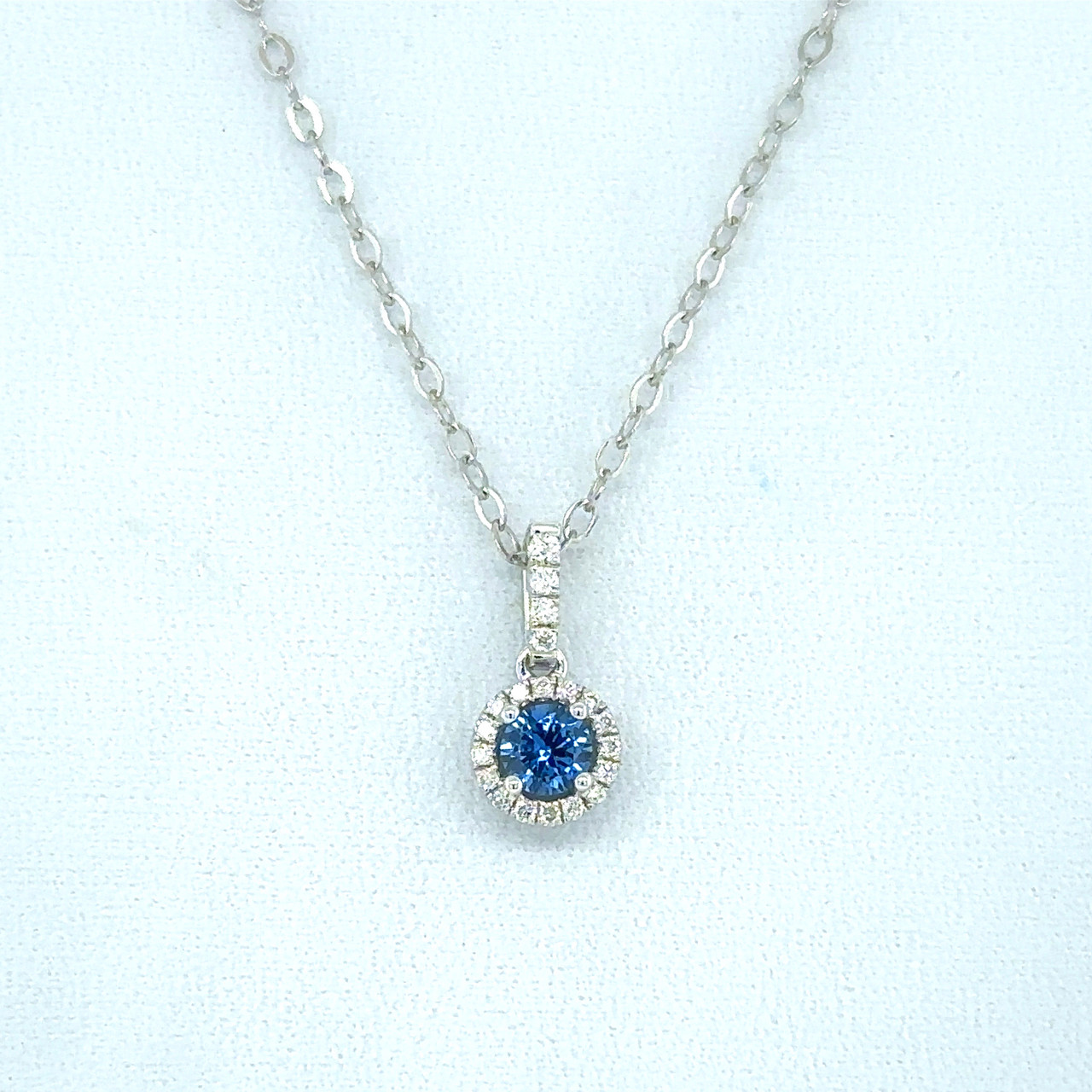Montana Yogo Sapphire & Diamond Halo Pendant Necklace 14K White Gold