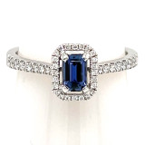 Montana Yogo Sapphire .36 ct Emerald Cut Rectangle & Diamond  Halo Ring 18K White Gold