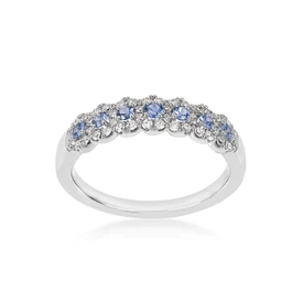 Montana Yogo Sapphire 7 Stone & Diamond Band Ring 14K White Gold