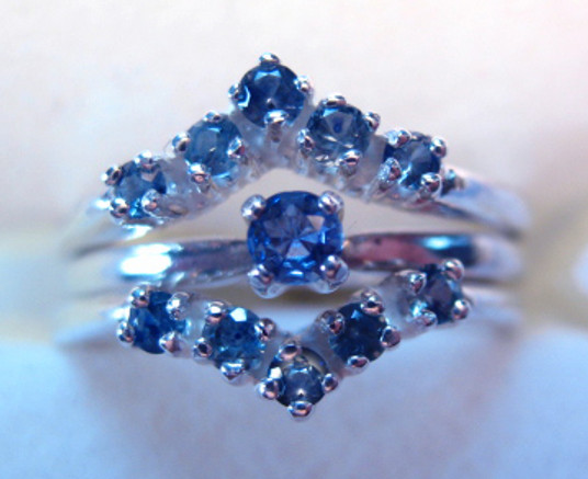 Montana Yogo Sapphire Ring Guard Wrap - Two 5 stone V Rings shown with 3mm 4 prong Yogo sapphire ring Montana Yogo Sapphire Ring Guard Wrap - Two 5 stone V Rings shown with 3mm 4 prong Yogo sapphire ring