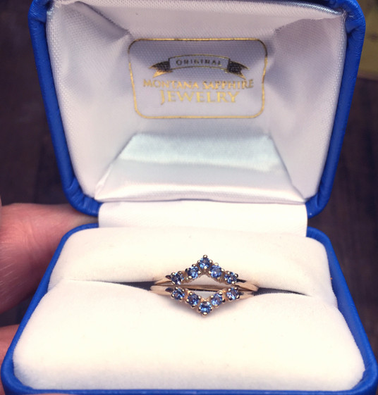 Montana Yogo Sapphire Ring Guard Wrap - Two 5 stone V Rings shown in 14K yellow gold Montana Yogo Sapphire Ring Guard Wrap - Two 5 stone V Rings shown in 14K yellow gold