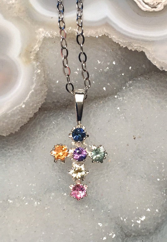 Montana Sapphire 2.25mm 6 stone cross pendant sterling silver multi color Montana Sapphire 2.25mm 6 stone cross pendant sterling silver multi color