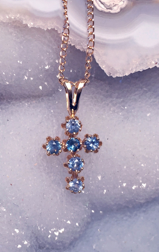 Montana Sapphire 2.25mm 6 stone cross pendant gold filled blue Montana Sapphire 2.25mm 6 stone cross pendant gold filled blue