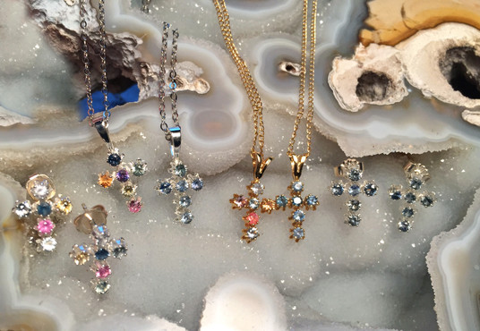 Montana Sapphire 2.25mm 6 stone cross pendant and earrings Montana Sapphire 2.25mm 6 stone cross pendant and earrings