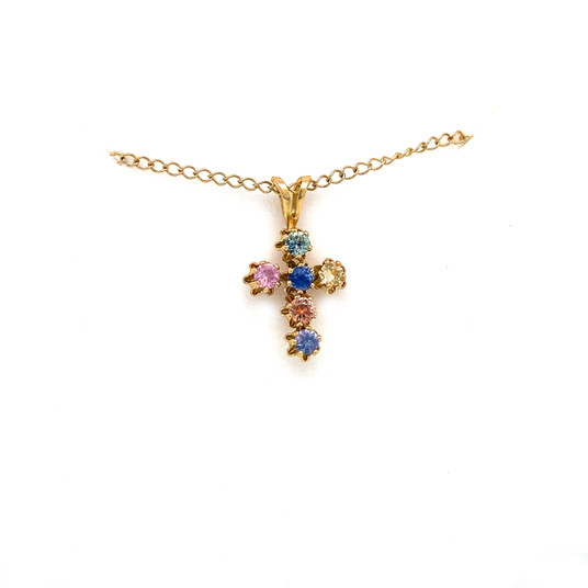 Montana Sapphire 2.25mm 6 stone cross pendant gold filled multi color Montana Sapphire 2.25mm 6 stone cross pendant gold filled multi color