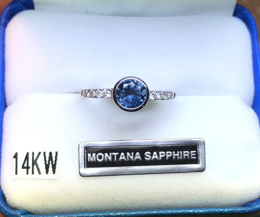 Montana Sapphire & Diamond Bezel Set Ring 14KW White Gold Montana Sapphire & Diamond Bezel Set Ring 14KW White Gold