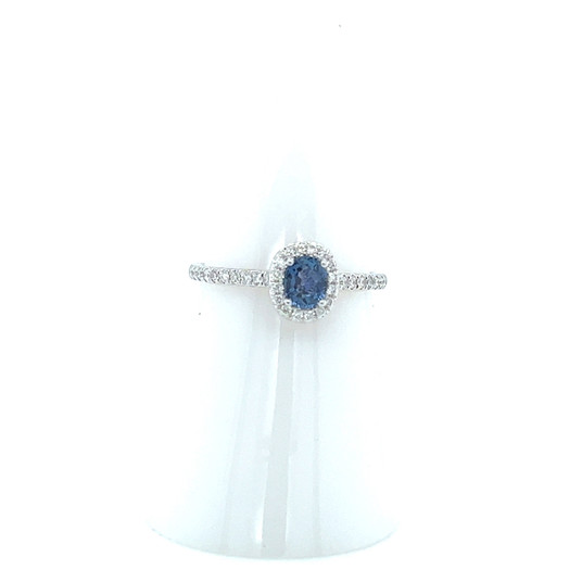 Montana Yogo Sapphire Oval & Diamond Halo Ring 14K White Gold Montana Yogo Sapphire Oval & Diamond Halo Ring 14K White Gold