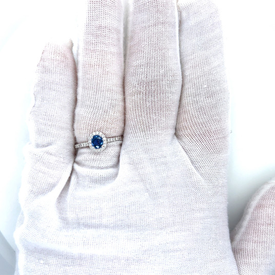 Montana Yogo Sapphire Oval & Diamond Halo Ring 14K White Gold .69ct total Montana Yogo Sapphire Oval & Diamond Halo Ring 14K White Gold .69ct total