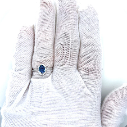 Montana Yogo Sapphire Oval & Diamond Halo Ring 14K White Gold .76ct total Montana Yogo Sapphire Oval & Diamond Halo Ring 14K White Gold .76ct total