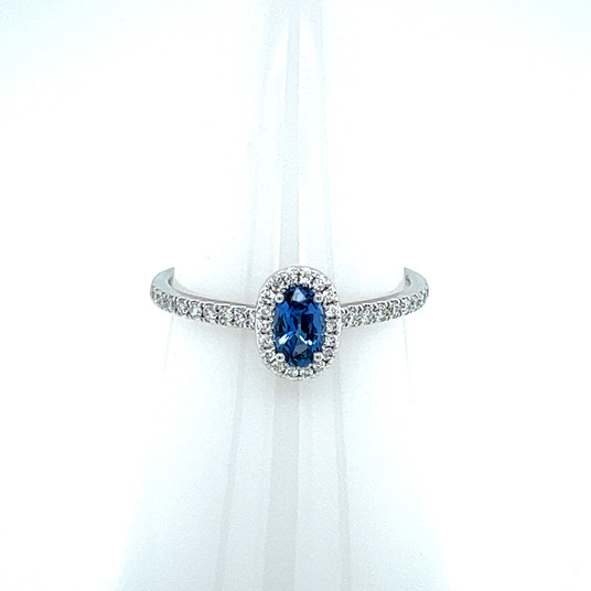 Montana Yogo Sapphire Oval & Diamond Halo Ring 14K White Gold Montana Yogo Sapphire Oval & Diamond Halo Ring 14K White Gold