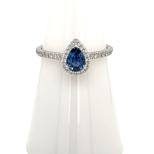 Montana Yogo Sapphire Pear & Diamond Halo Ring 14K White Gold Montana Yogo Sapphire Pear & Diamond Halo Ring 14K White Gold