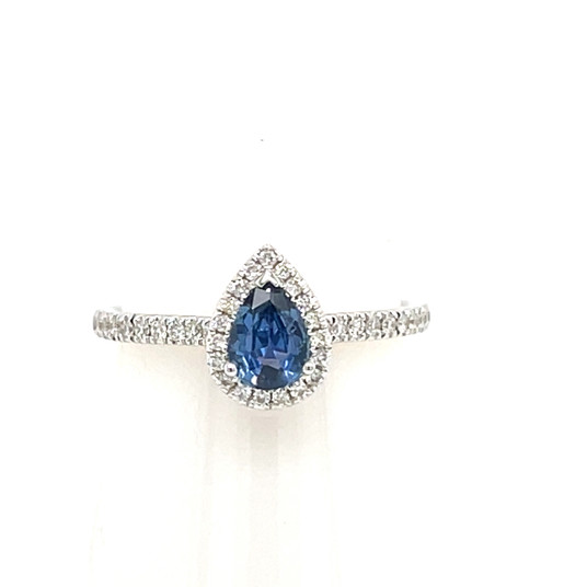 Montana Yogo Sapphire Pear & Diamond Halo Ring 14K White Gold Montana Yogo Sapphire Pear & Diamond Halo Ring 14K White Gold