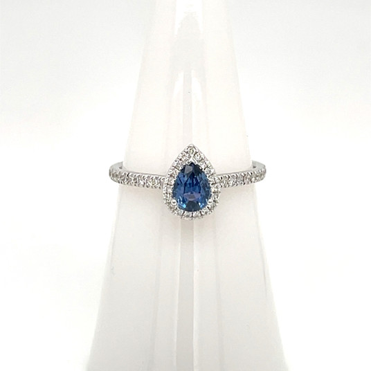 Montana Yogo Sapphire Pear & Diamond Halo Ring 14K White Gold Montana Yogo Sapphire Pear & Diamond Halo Ring 14K White Gold