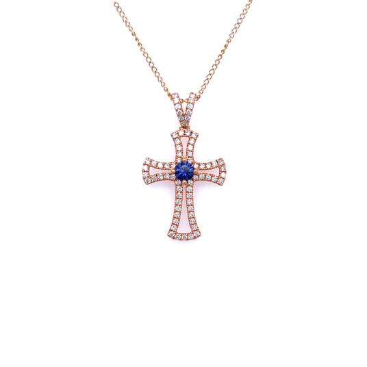 Montana Yogo Sapphire & Diamond Cross 18K Rose or White Gold Pendant Necklace Montana Yogo Sapphire & Diamond Cross 18K Rose or White Gold Pendant Necklace