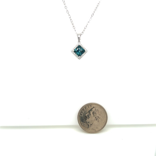 Montana Sapphire & Diamond Princess Square Cut Halo Pendant Necklace 14K White Gold Montana Sapphire & Diamond Princess Square Cut Halo Pendant Necklace 14K White Gold