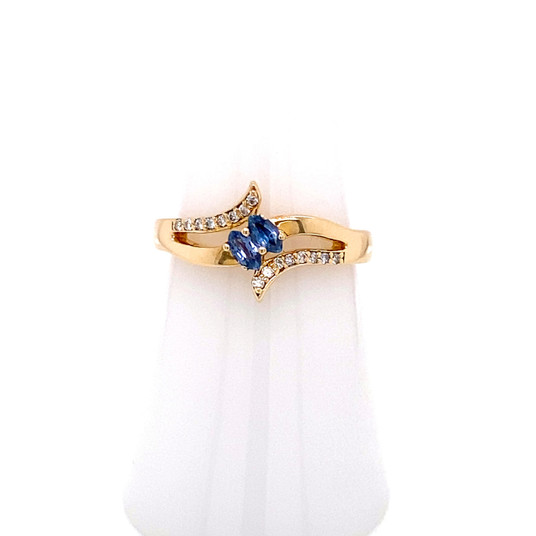 Montana Yogo Sapphire 2 Stone Marquise & Diamond Bypass Ring 14K Yellow Gold Montana Yogo Sapphire 2 Stone Marquise & Diamond Bypass Ring 14K Yellow Gold