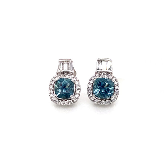 Montana Sapphire Cushion Cut & Diamond Baguette Earrings 10K White Gold Montana Sapphire Cushion Cut & Diamond Baguette Earrings 10K White Gold