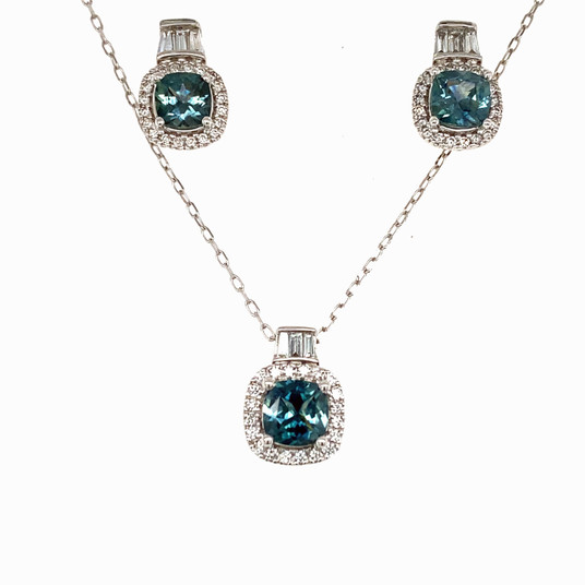 Montana Sapphire Cushion Cut & Diamond Baguette Earrings 10K White Gold Montana Sapphire Cushion Cut & Diamond Baguette Earrings 10K White Gold