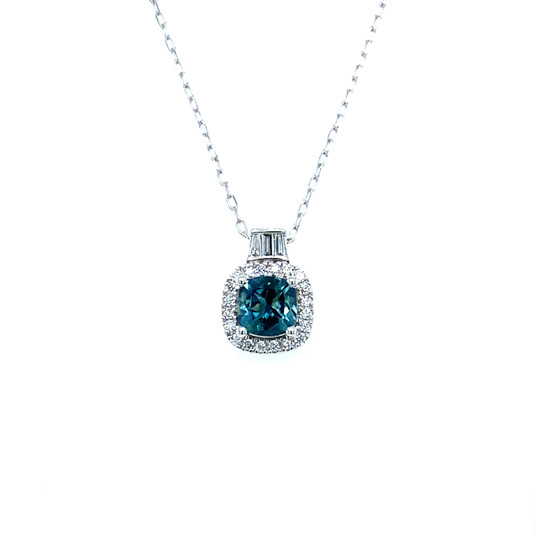 Montana Sapphire Cushion Cut & Diamond Baguette Pendant 10K White Gold Montana Sapphire Cushion Cut & Diamond Baguette Pendant 10K White Gold