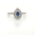 Montana Yogo Sapphire Pear & Diamond Double Halo Ring 14K White Gold