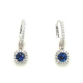 Montana Yogo Sapphire & Diamond Halo Leverback Dangle Earrings 18K White Gold