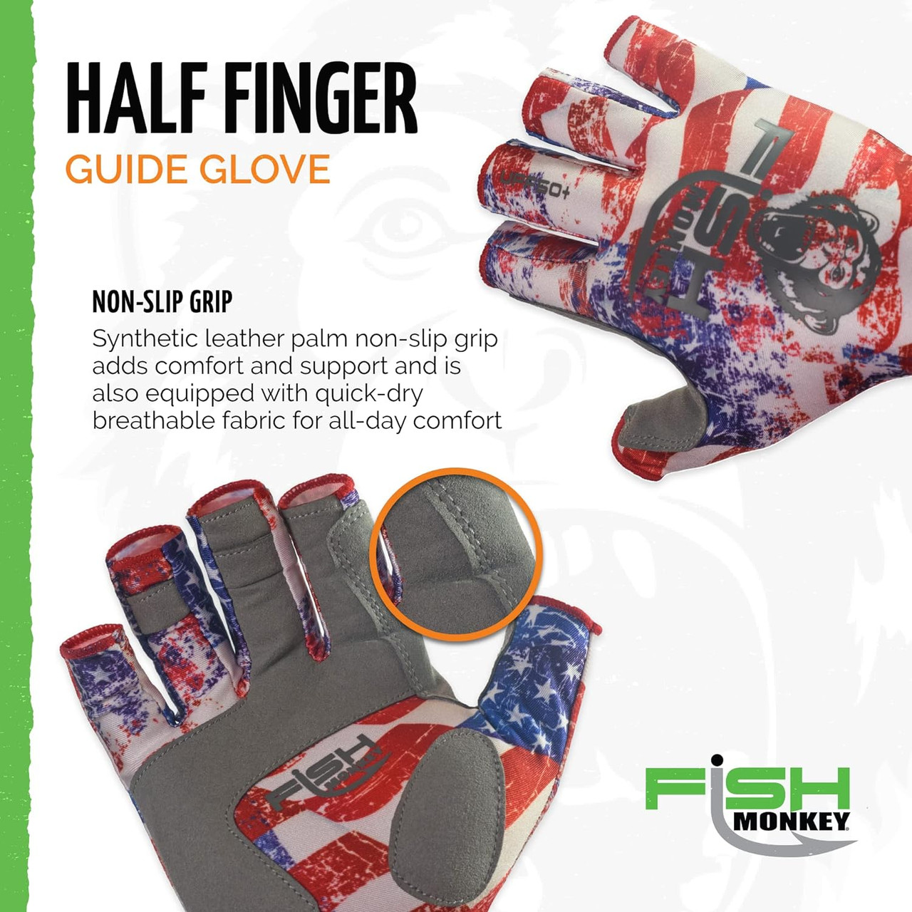 Fish Monkey Gloves Half Finger Guide Glove, Americana, XL - FM11-AMER-XL