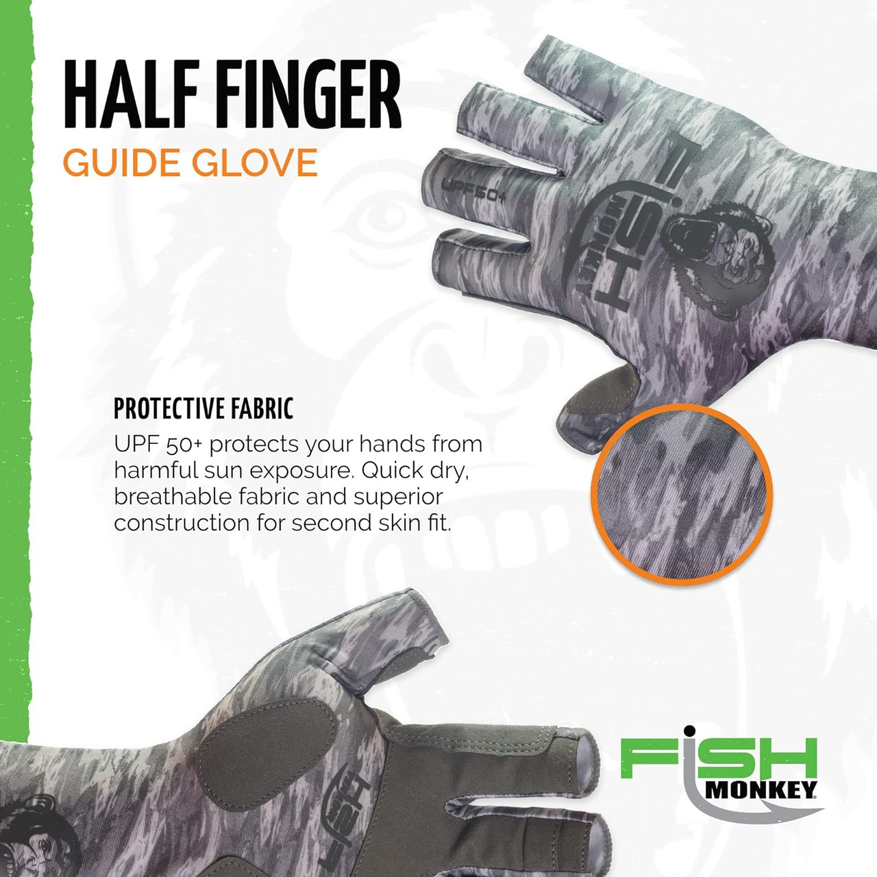 Fish Monkey Gloves Half Finger Guide Glove Grey Water, XL