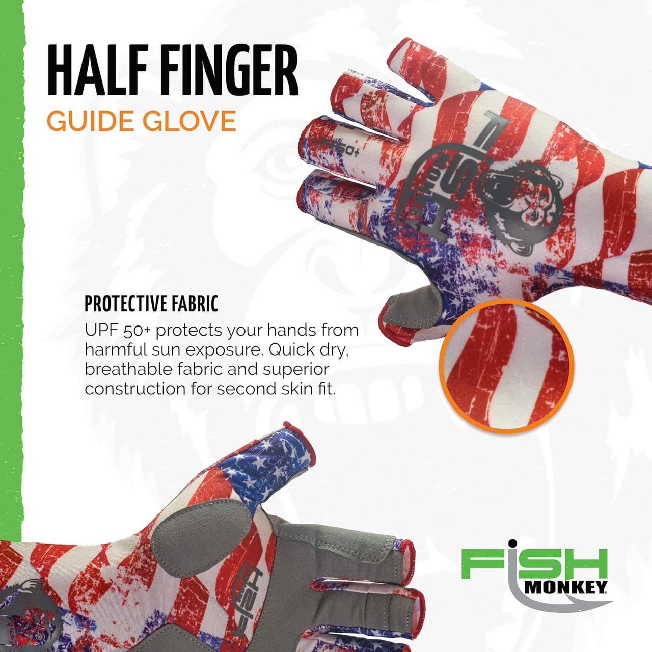 Fish Monkey Gloves Half Finger Guide Glove, Americana, 2XL - FM11-AMER-2XL