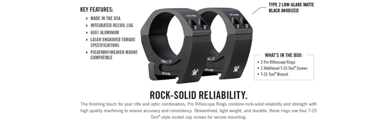 Vortex Optics Pro Riflescope 34mm Rings Medium Height - 1.10" - PR34-M