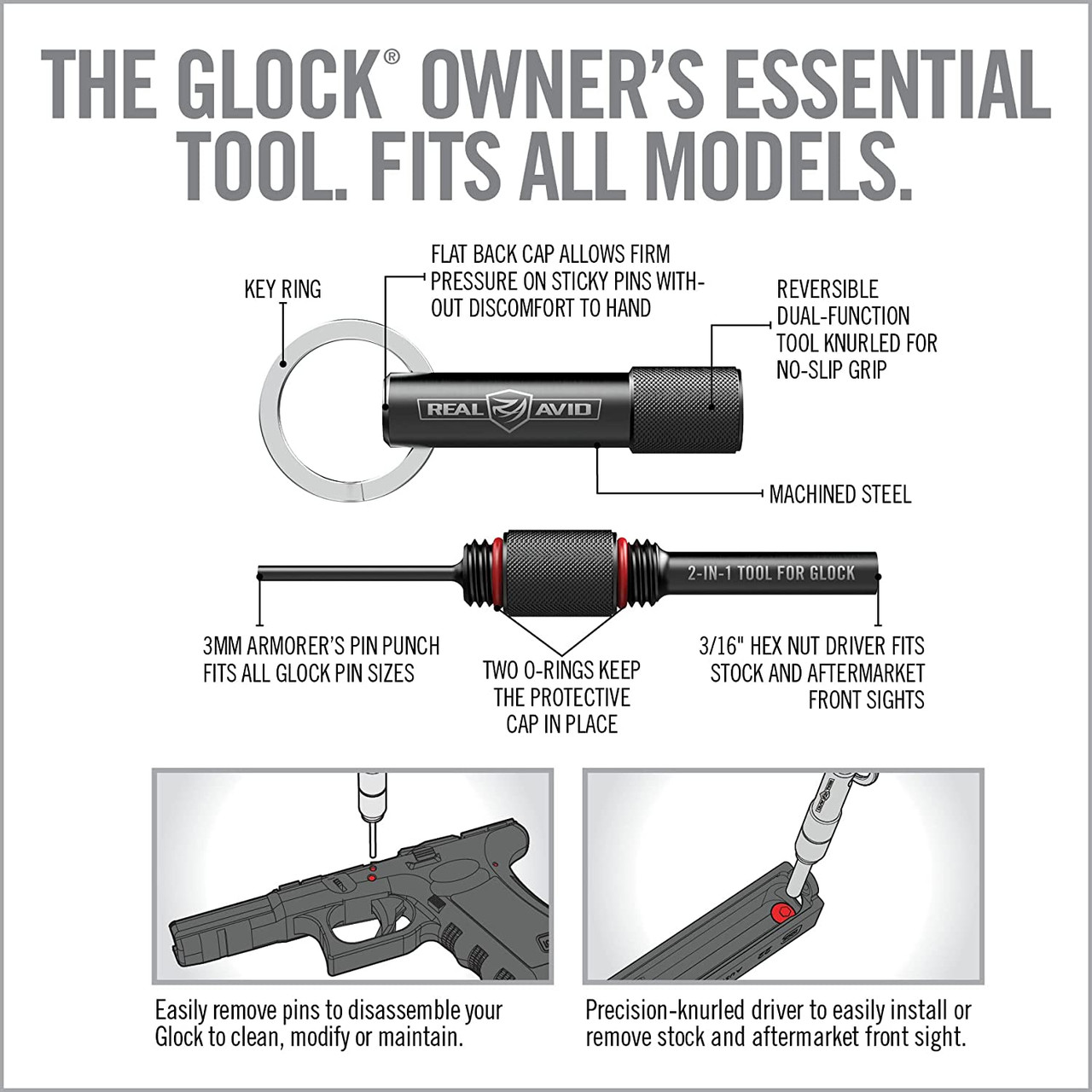 Real Avid 2-in-1 Tool for Glock Handgun Compatible 19/17/43/26/22/48 & More