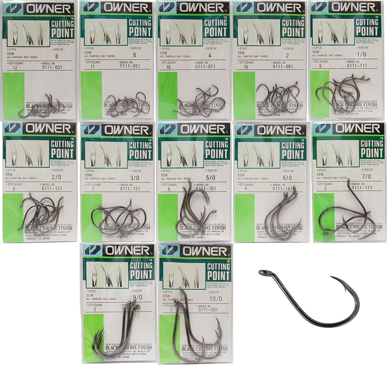 Owner Hooks SSW Cutting Point All Purpose Bait Hook Sz 2 10Pk Black Chrome