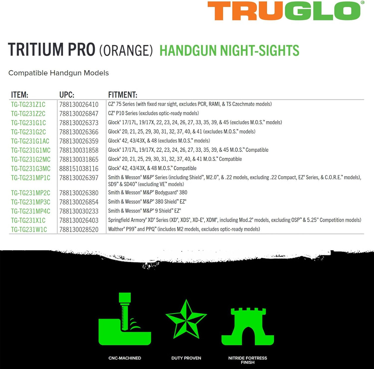 TRUGLO Tritium X Fiber-Optic Handgun Night Sights For Glock 42/43/43X/48