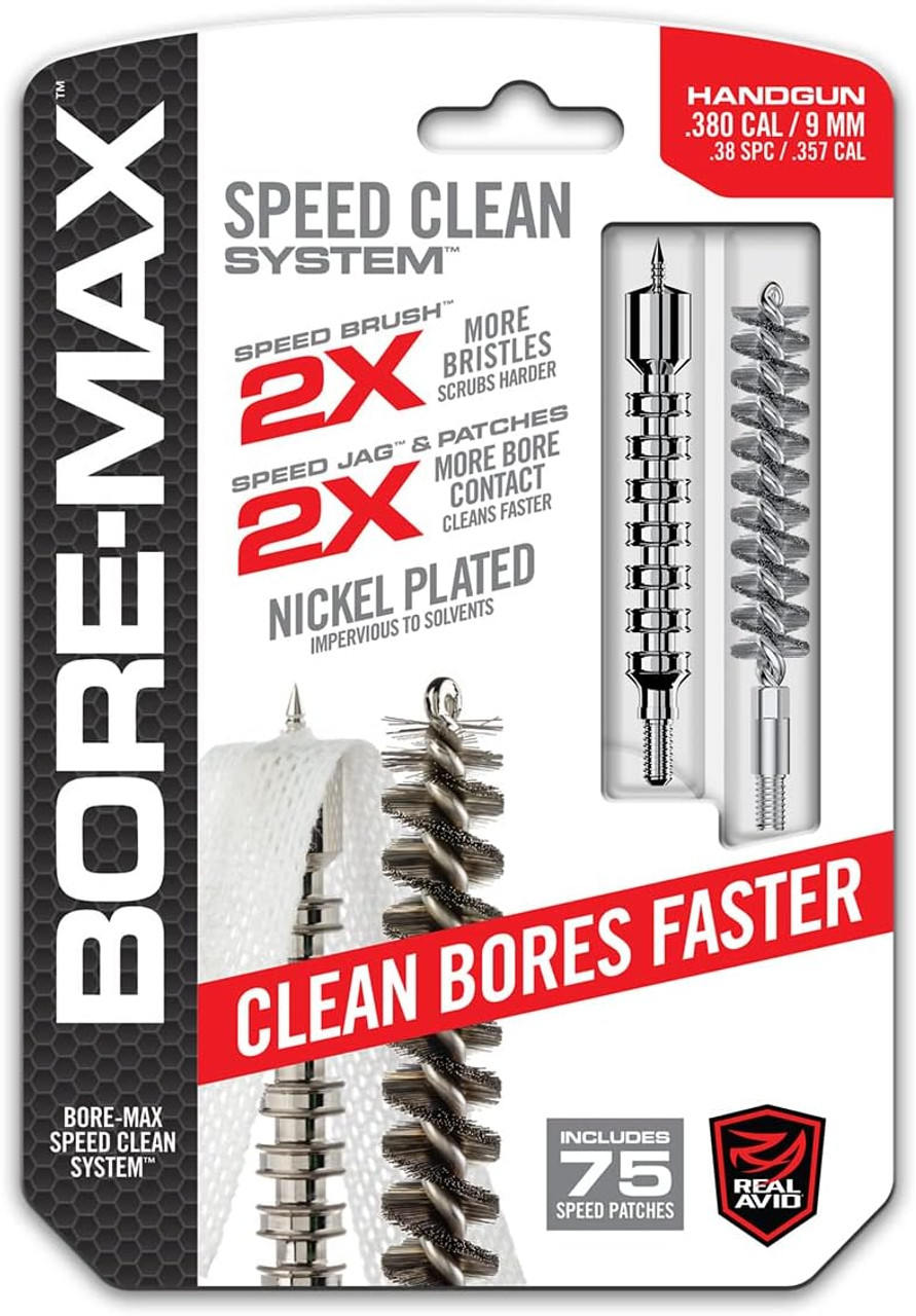 Real Avid Bore-Max Speed Cleaner .380cal/9mm/.38spc/357cal W/ 75 patches