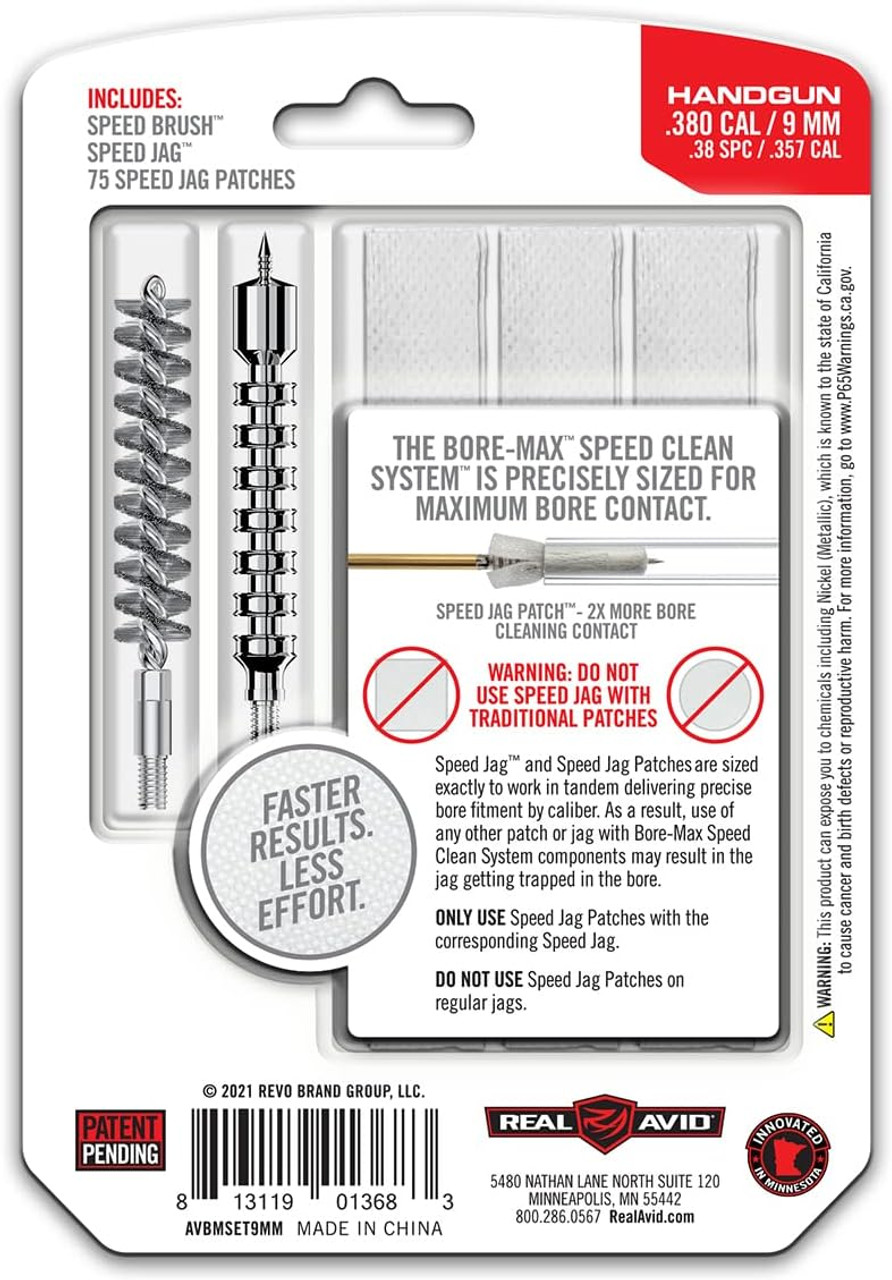 Real Avid Bore-Max Speed Cleaner .380cal/9mm/.38spc/357cal W/ 75 patches