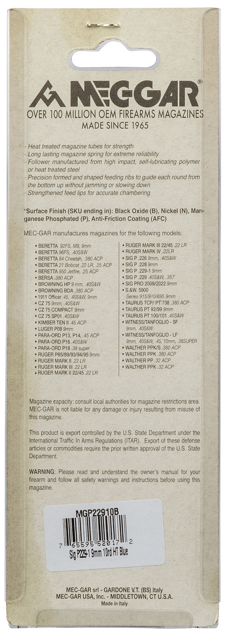 Mec-Gar Standard 10rd 9mm Luger Fits Sig P229 Blued Carbon Steel